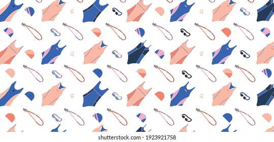 Social media cover with equipment for synchronized swimming. Isolated flat vector illustration with necessary equipment such as google glass, nose clip, swimming slipper etc. Artistic swimming concept