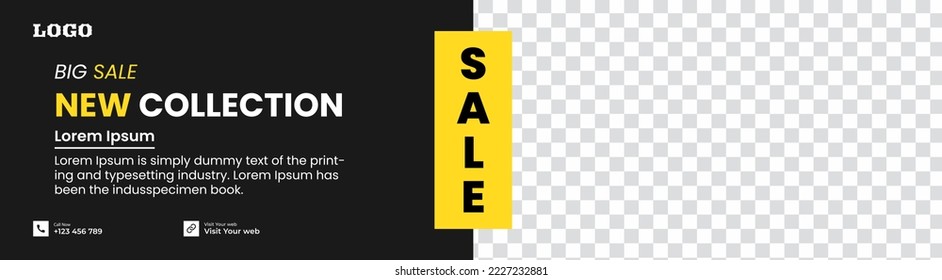 Social media cover. Horizontal web banner template with space for the photo. Use for web template Horizontal header web cover. Black and yellow. the cover header for website design