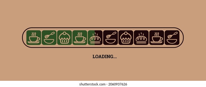 Social media cover page face loading theme. web banner with loading tea, coffee, and more food vector.