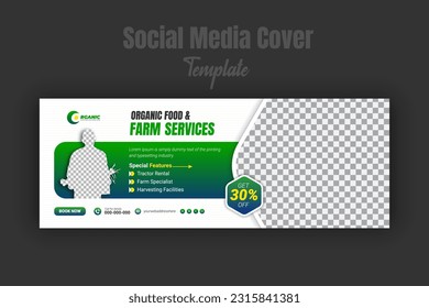 Social media cover template for agriculture and farm services. A farmer holding bucket of vegetables to promote lawn mower garden multipurpose business with crop farm banner web company