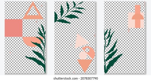 Social media covers with simple design elements . Boho style . Leaves . Post frame stories templates.  Layout for promotion .Media banner .Vector