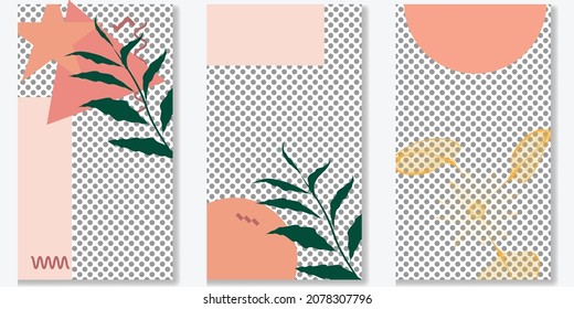 Social media covers with simple design elements . Boho style . Leaves . Post frame stories templates.  Layout for promotion .Media banner .Vector