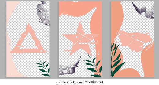 Social media covers with simple design elements . Boho style . Leaves . Post frame stories templates.  Layout for promotion .Media banner .Vector