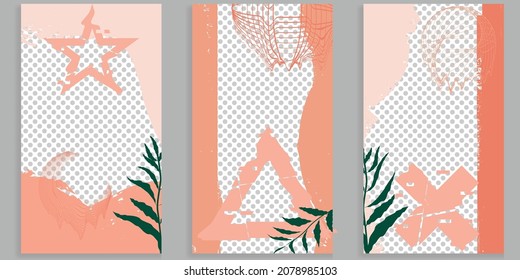 Social media covers with simple design elements . Boho style . Leaves . Post frame stories templates.  Layout for promotion .Media banner .Vector