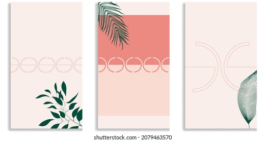 Social media covers with simple design elements . Boho style . Leaves . Post frame stories templates.  Layout for promotion .Media banner .Vector
