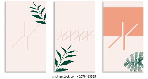Social media covers with simple design elements . Boho style . Leaves . Post frame stories templates.  Layout for promotion .Media banner .Vector