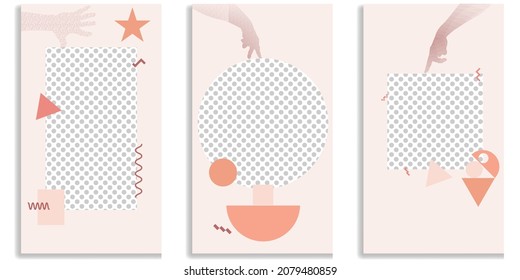 Social media covers with simple design elements . Boho style . Hands . Post frame stories templates.  Layout for promotion .Media banner .Vector