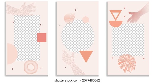 Social media covers with simple design elements . Boho style . Hands . Post frame stories templates.  Layout for promotion .Media banner .Vector