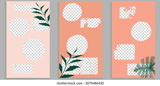 Social media covers with simple design elements . grunge style . Leaves . Post frame stories templates.  Layout for promotion .Media banner .Vector