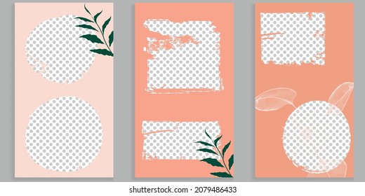 Social media covers with simple design elements . grunge style . Leaves . Post frame stories templates.  Layout for promotion .Media banner .Vector