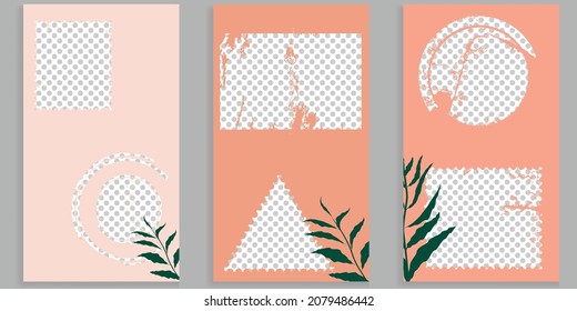 Social media covers with simple design elements . grunge style . Leaves . Post frame stories templates.  Layout for promotion .Media banner .Vector