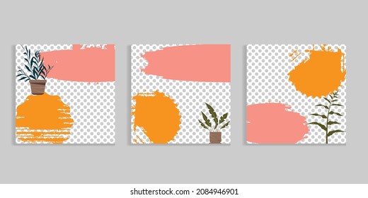 Social media covers with simple design elements . grunge style . Leaves . Post frame stories templates.  Layout for promotion .Media banner .Vector