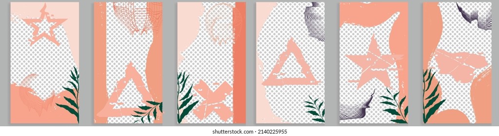 Portadas de medios sociales con elementos de diseño simples. Estilo Boho . Hojas. Publicar plantillas de cuadros.  Diseño para la promoción .Banner multimedia .Vector