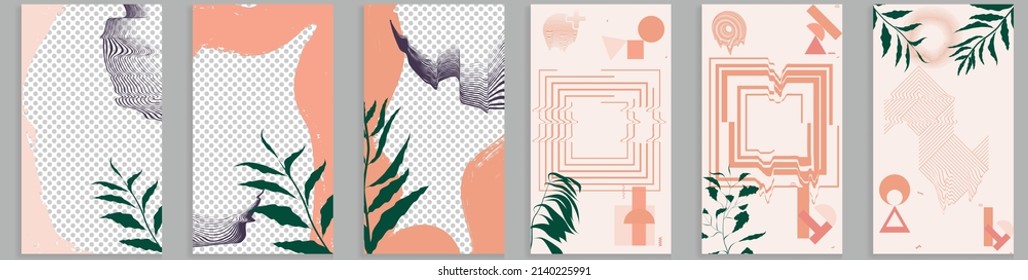 Social media covers with simple design elements . Boho style . Leaves . Post frame stories templates.  Layout for promotion .Media banner .Vector