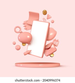 Social media creative idea 3d concept with realistic design. Online social network. Business communication applications. Marketing time. Pink Mobile phone with volumetric icons. Vector illustration