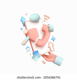 Social media creative idea 3d concept with realistic design. Online social network. Business communication applications. Marketing time. In hand Mobile phone with volumetric icons. Vector illustration