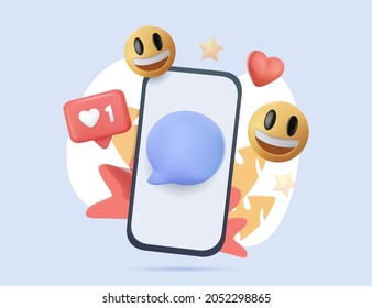 Social media creative idea. Realistic 3d design. Concept Online social network. Business communication applications. Marketing time. Mobile phone with volumetric icons. Vector illustration. SMM, emoji