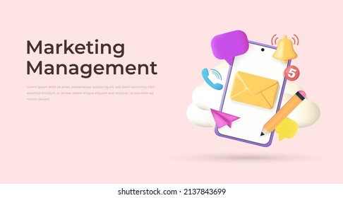 Social media creative idea. Realistic 3d design. Concept Online social network. Business communication applications. Marketing time. Mobile phone with volumetric icons. Vector illustration