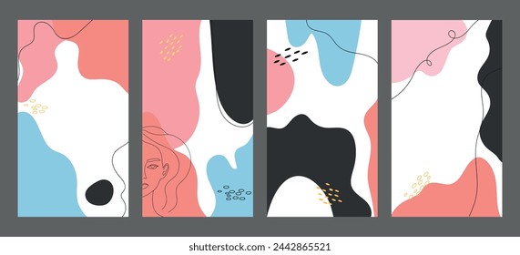 Conjunto de plantillas creativas de medios sociales. Fondos de post y historia con diferentes formas abstractas. Editable. Ilustración de vector