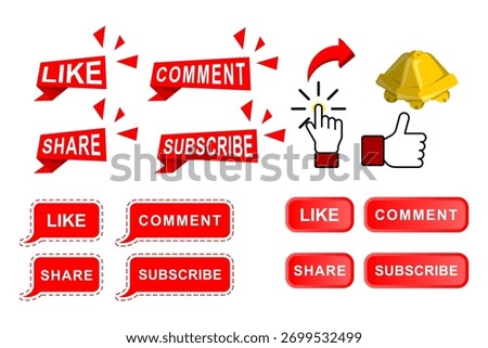 Social Media CTA Button Set Like Comment Share Subscribe with Icons for YouTube and Content Creator Banner Ribbon Bubble and Red Button Vector