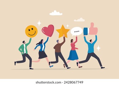 Social media customer feedback review, employee satisfaction, positive feedback on online ranking, giving high score rating, like or happy opinion concept, people carry social feedback elements.