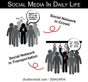 Social media in daily life ( man chat with someone in crowd , transportation and ignore everything ) ( addict social network ) ( black , white & grey style )