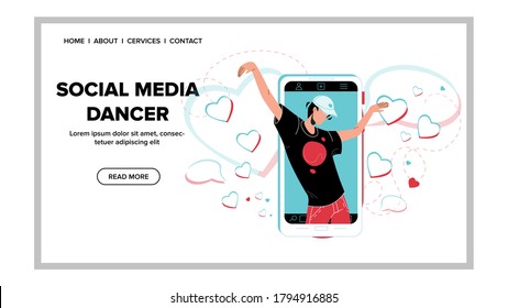 Social Media Dancer Performing Dance Online Vector. Social Media Dancer Dancing On Mobile Phone Screen. Character And Electronic Gadget Device Energy Activity Lifestyle Web Flat Cartoon Illustration