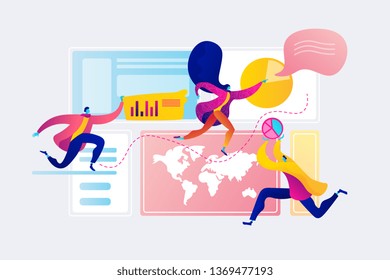 Social media dashboard, online marketing interface, social media metrics concept. Vector isolated concept illustration with tiny people and floral elements. Hero image for website.
