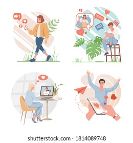 Social media or dating application design concept. Happy men and women using internet to communicate with each other vector flat illustration. People putting likes, chatting, speaking on internet.
