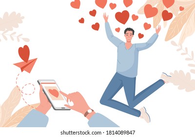 Social media or dating application design concept. Hands with smartphone put like in mobile application, young smiling man jumping surrounded by hearts vector flat illustration.