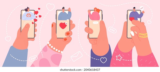 Social media dating. Date app, video mobile chatting. Technology for young couple, guy and girl looking for love in internet utter vector concept