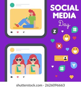 Social media day banner template. Social media illustration with flat young people with gadget