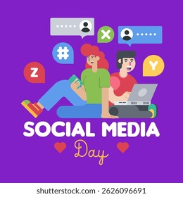 Social media day banner template. Social media illustration with flat young people with gadget