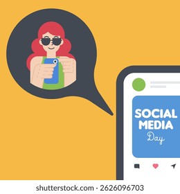 Social media day banner template. Social media illustration with flat young people with gadget