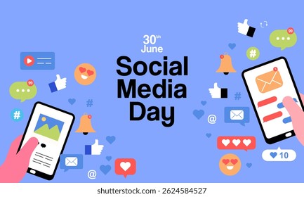 Social Media Day Celebration Background featuring Social Network Icons on a Smartphone. Modern and Minimalist Flat Design.