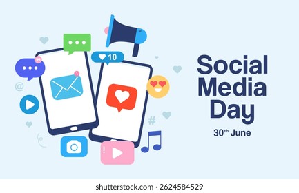 Social Media Day Celebration Background featuring Social Network Icons on a Smartphone. Modern and Minimalist Flat Design.