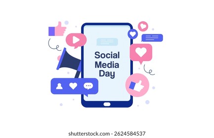 Social Media Day Celebration Illustration featuring Social Network Icons on a Smartphone. Modern and Minimalist Flat Design.