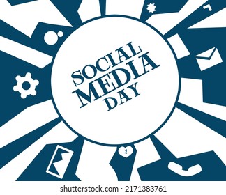 Social media day. Vector web banner, greeting card, poster for online media, social networks. White text on a blue background, horizontal composition. It is celebrated on June 30