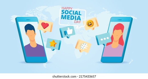 Social Media Day Woman and Man on Video Call with Mobile Phone with Bubble Chat, Emoji, Thumb, Star, Hashtag Icons and World Map