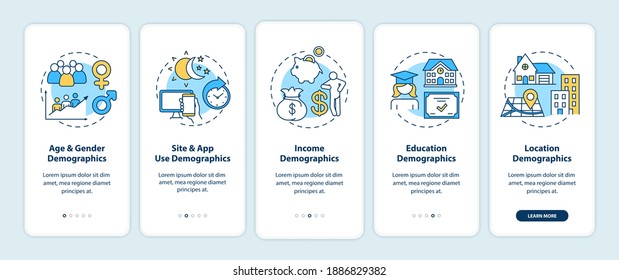 Social media demographics onboarding mobile app page screen with concepts. Age and gender, income demographics walkthrough 5 steps graphic instructions. UI vector template with RGB color illustrations