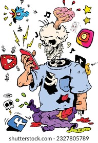 Social media demon skull skeleton man smartphone punk art vector comic colorful