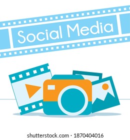 social media design with camera, pictures and video player over white background, colorful design, vector illustration