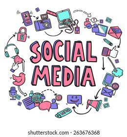 Social media design concept with hand drawn conversation icons vector illustration