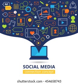 Social media design concept with laptop and abstract line icons set of smartphones email elements of computer network flat vector illustration