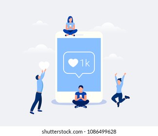 Social media design concept. Small people character sitting on big smartphone and leaving likes for post. Trendy flat style. Vector illustration.