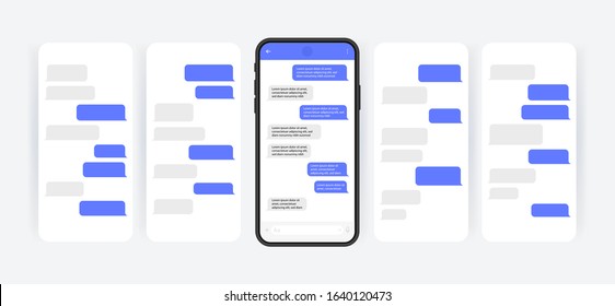 Social media design concept. Smart Phone with carousel style messenger chat screen. Sms template bubbles for compose dialogues. Modern vector illustration flat style.