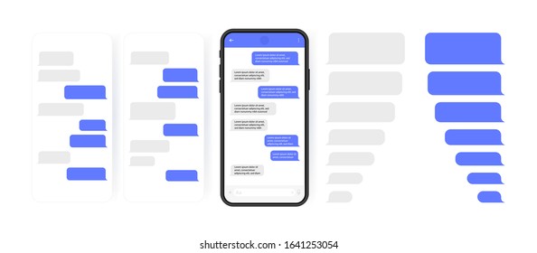 Social media design concept. Smart Phone with carousel style messenger chat screen. Sms template bubbles for compose dialogues. Modern vector illustration flat style.