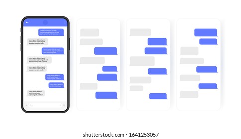 Social media design concept. Smart Phone with carousel style messenger chat screen. Sms template bubbles for compose dialogues. Modern vector illustration flat style.