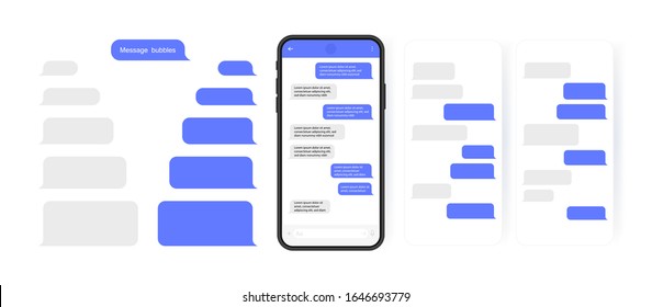 Social media design concept. Smart Phone with carousel style messenger chat screen. Sms template bubbles for compose dialogues. Modern vector illustration flat style.