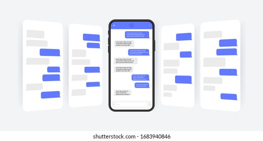 Social media design concept. Smart Phone with carousel style messenger chat screen. Sms template bubbles for compose dialogues. Modern vector illustration flat style.